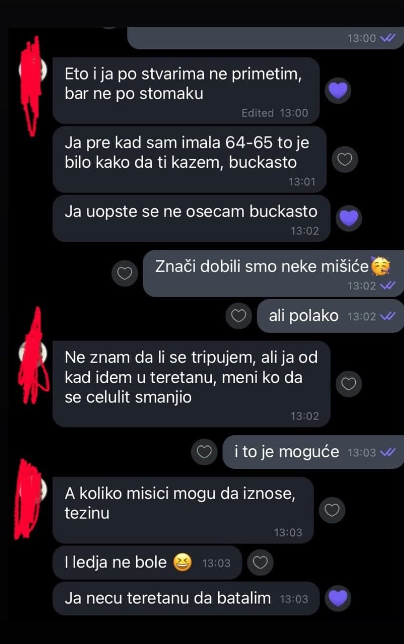 Anonimizovana poruka klijentkinje o napretku, mišićima i odsustvu bola u leđima